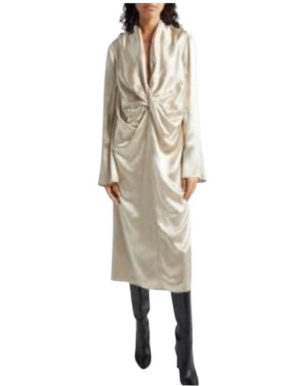 INTERIOR NYC The Reese Long Sleeve Satin Midi Dress In Champagne new without tag